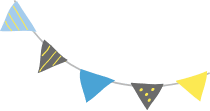 青や黄色、黒の三角フラッグが連なったガーランドのイラスト