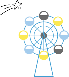 青、黄、黒のゴンドラが付いた観覧車のイラスト