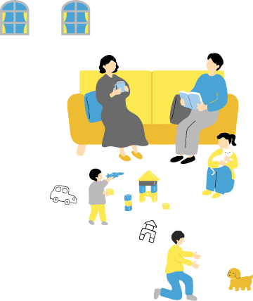 ソファに座って読書をする大人たちと、遊ぶ子どもたちのイラスト