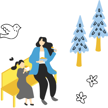 公園のベンチで母親と子どもがアイスやスナックを食べているイラスト