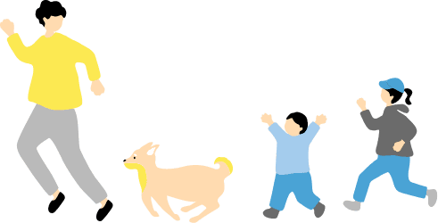 大人と子どもたち、犬が一緒に走っている楽しげな様子のイラスト