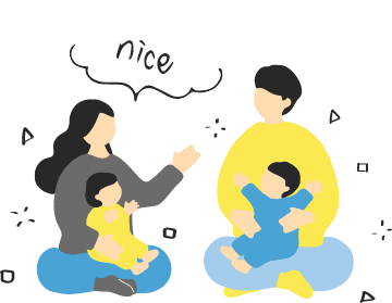 赤ちゃんを抱いた男女が向かい合って座り、会話を楽しんでいるイラスト