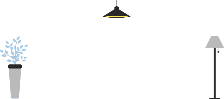 観葉植物、天井照明、フロアランプが描かれたシンプルなインテリアのイラスト