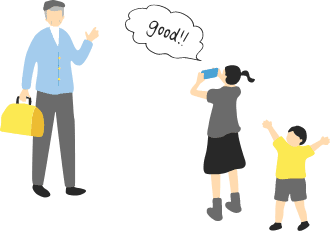 水筒を持った女の子と両手を上げた男の子、笑顔の高齢男性のイラスト