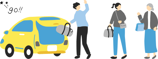 黄色い車の後部に荷物を積み込む男性と、それを見守る女性たちのイラスト