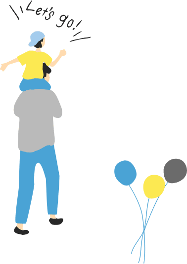 肩車をしてもらい「Let's go!」と叫ぶ子どもと父親の後ろ姿のイラスト