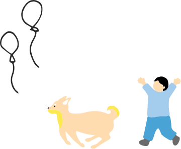 子どもが両手を上げて犬と遊んでいる楽しげなイラスト